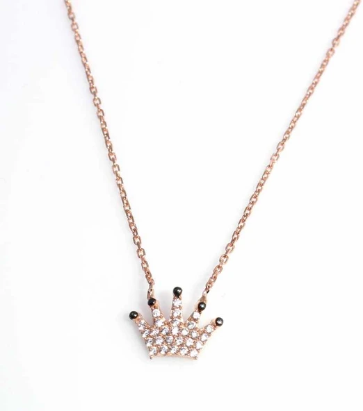 925 Ayar Gümüş Taç Kolye, Pembe, Siyah - Beyaz Taş - Resim 2