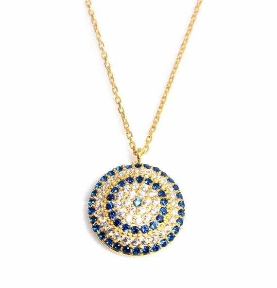 925 Ayar Gümüş Yuvarlak Nazar Boncuk Kolye, Sarı - Beyaz, Mavi Taş ürün görseli