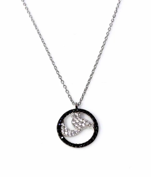 925 Ayar Gümüş Ay ve Kuş Kolye, Beyaz - Beyaz Taş ürün görseli