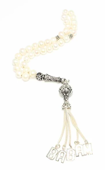 İnci Doğaltaşlı Gümüş İmame ve Püsküllü BABAM Yazılı Tespih - Resim 3