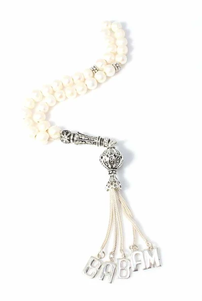 İnci Doğaltaşlı Gümüş İmame ve Püsküllü BABAM Yazılı Tespih - Resim 4