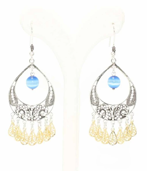 925 Ayar Gümüş Ay Modeli Mavi Kedi Gözü Taşlı Küpe ürün görseli 1