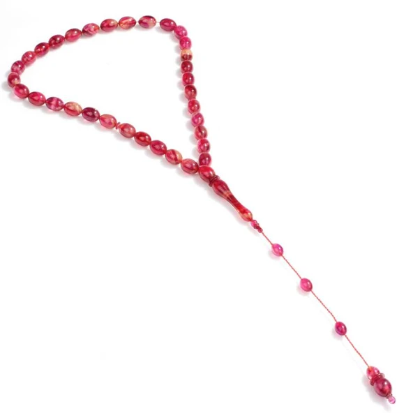 Kırmızı Sıkma Kehribar Badem Taneli Tesbih - Resim 3