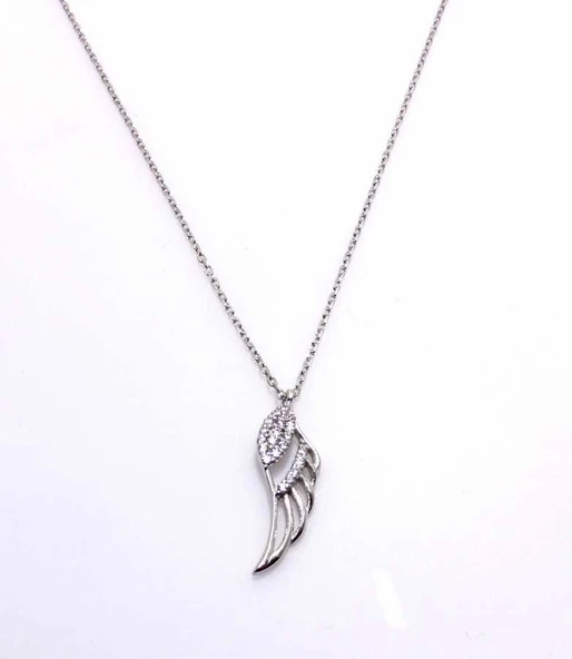 925 Ayar Gümüş Kanat Kolye, Beyaz - Beyaz Taş - Resim 3