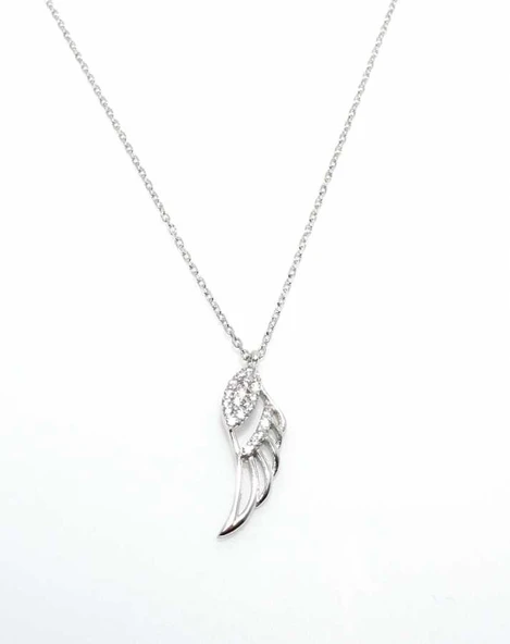 925 Ayar Gümüş Kanat Kolye, Beyaz - Beyaz Taş - Resim 2