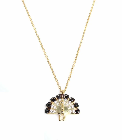 925 Ayar Gümüş Tavus Kuşu Kolye, Sarı - Beyaz Siyah Taş - Resim 2