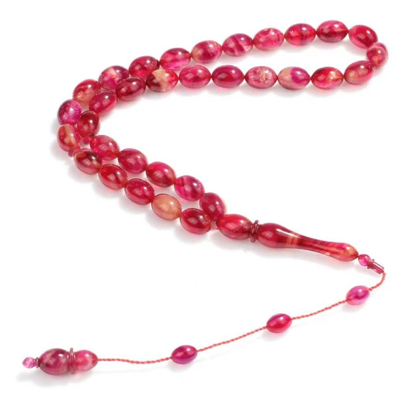 Kırmızı Sıkma Kehribar Badem Taneli Tesbih ürün görseli