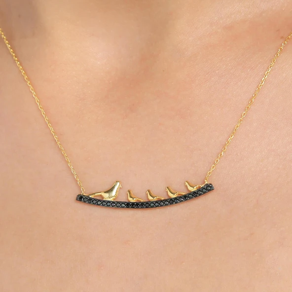 925 Ayar Gümüş 5 Güvercinli Kolye, Sarı - Siyah Taş ürün görseli