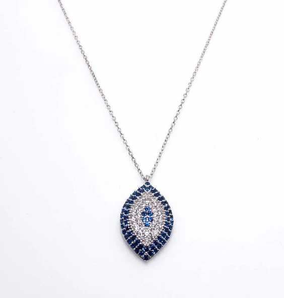 925 Ayar Gümüş Nazar Mekik Kolye, Beyaz - Beyaz, Mavi Taş - Resim 2