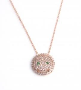 925 Ayar Gümüş Gülen Yüz Kolye, Pembe - Beyaz Yeşil Taş - Resim 2