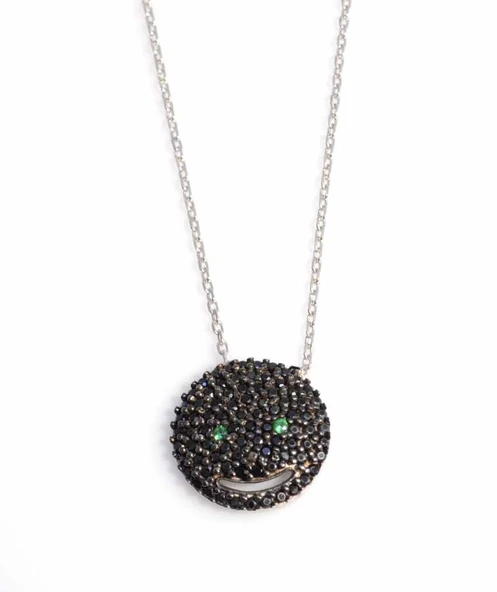 925 Ayar Gümüş Gülen Yüz Kolye, Beyaz - Siyah Yeşil Taş ürün görseli