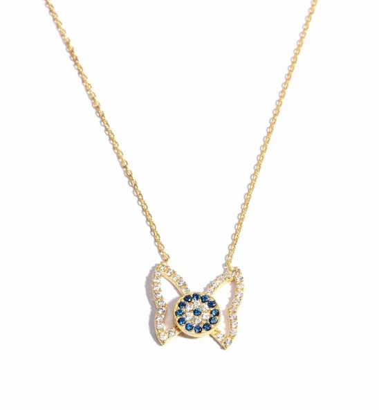 925 Ayar Gümüş Nazar Boncuklu Kelebek Kolye, Sarı - Resim 2