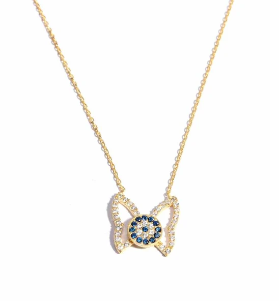 925 Ayar Gümüş Nazar Boncuklu Kelebek Kolye, Sarı ürün görseli