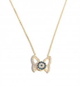 925 Ayar Gümüş Nazar Boncuklu Kelebek Kolye, Sarı - Resim 3