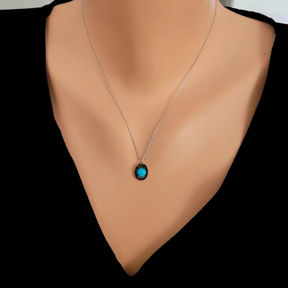 925 Ayar Gümüş Turkuaz Taşlı Oval Model Kolye, Beyaz - Siyah Taş ürün görseli