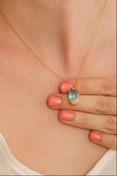 925 Ayar Gümüş Akuamarin Kolye, Sarı - Beyaz Taş ürün görseli 1