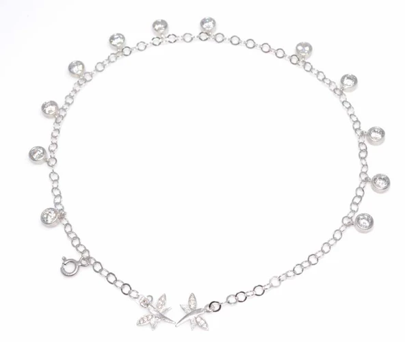 925 Ayar Gümüş 12 Taşlı Halhal Bileklik, Beyaz Taş - Resim 2