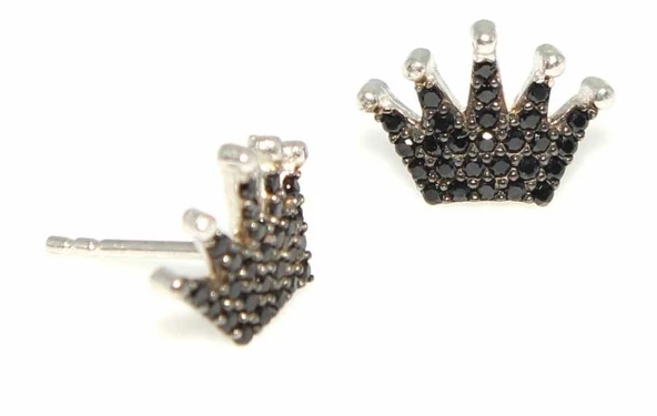 925 Ayar Gümüş Taç Modeli Küpe, Beyaz  - Siyah Taş - Resim 2