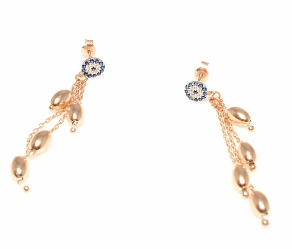 925 Ayar Gümüş Nazar Boncuk Bademli Zincir Küpe, Pembe - Resim 3