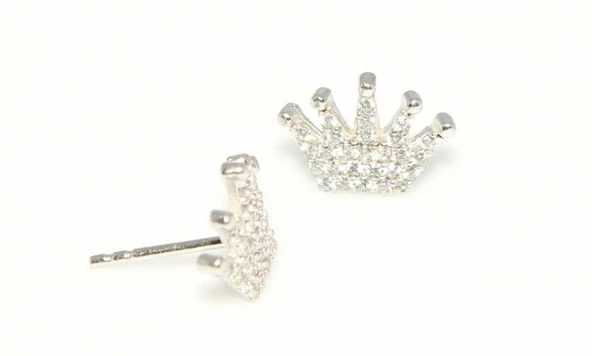 925 Ayar Gümüş Taç Modeli Küpe, Beyaz  - Beyaz Taş - Resim 3