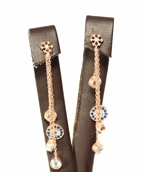 925 Ayar Gümüş Nazar Boncuk Zincirli Küpe, Pembe - Resim 2