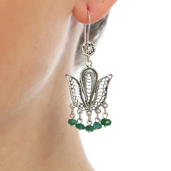 Zümrüt Taşlı 925 Ayar Gümüş  Telkari Küpe ürün görseli