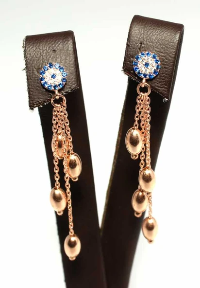 925 Ayar Gümüş Nazar Boncuk Bademli Zincir Küpe, Pembe - Resim 2