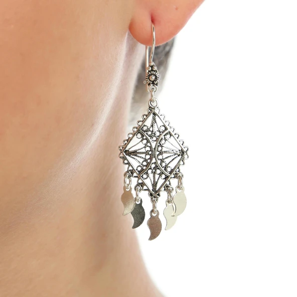 925 Ayar Gümüş Baklava Desenli Pullu Küpe ürün görseli