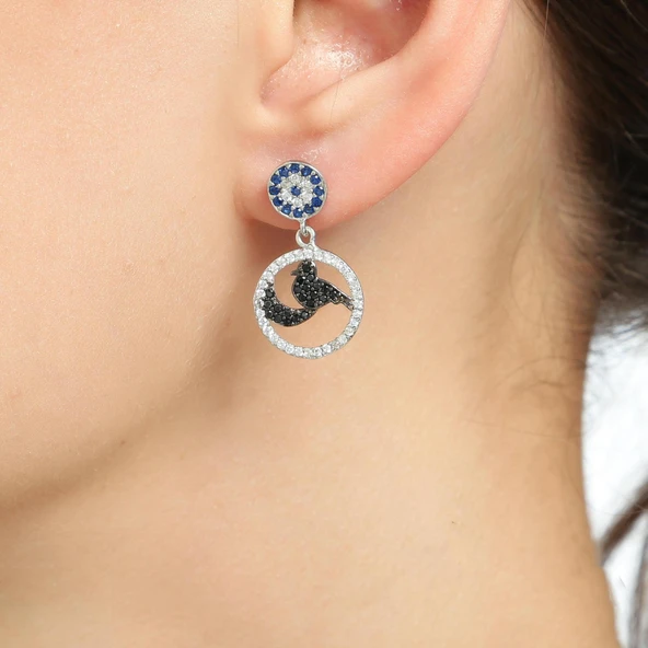 925 Ayar Gümüş Kuşlu Küpe, Beyaz ürün görseli 1