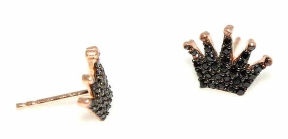 925 Ayar Gümüş Taç Modeli Küpe, Pembe  - Siyah Taş - Resim 2