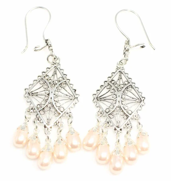 925 Ayar Gümüş Baklava Desenli İnci Taşlı Küpe - Resim 3