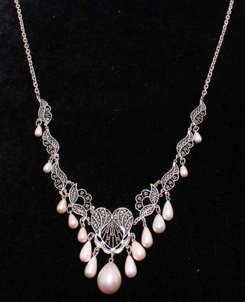 925 Ayar Gümüş Damla İnci Taşlı Telkari Kolye - Resim 2