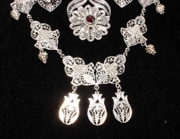 925 Ayar Gümüş Kırmızı Taşlı Telkari Kolye - Resim 2