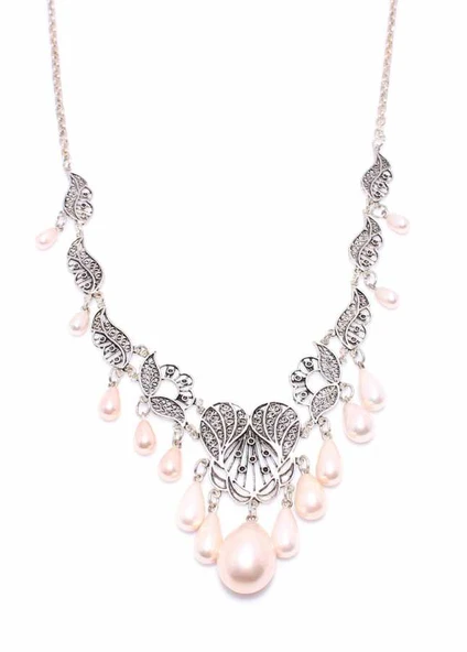 925 Ayar Gümüş Damla İnci Taşlı Telkari Kolye ürün görseli