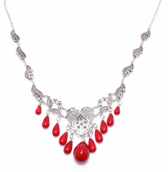 925 Ayar Gümüş Mercan Taşlı Telkari Kolye - Resim 4