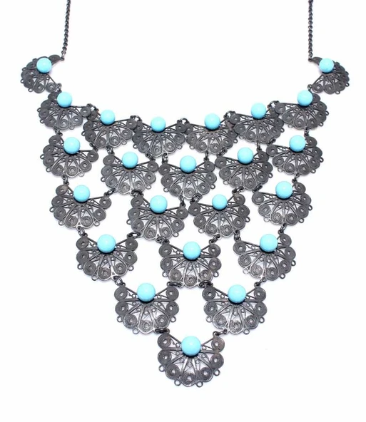 925 Ayar Gümüş Turkuaz Ay Modeli Telkari Kolye ürün görseli