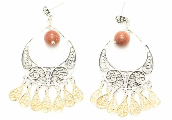 925 Ayar Gümüş Ay Modeli Kahverengi Star Taşlı Küpe - Resim 2