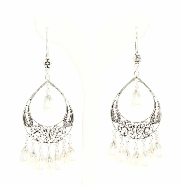 925 Ayar Gümüş Ay Modeli Beyaz İnci Taşlı Küpe - Resim 4