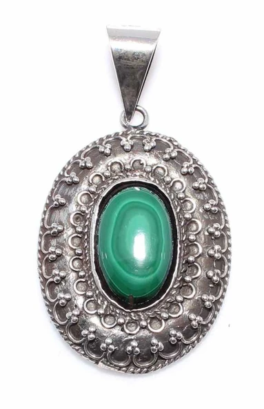 925 Ayar Gümüş Malakit Taşlı Telkari Kolye Ucu ürün görseli