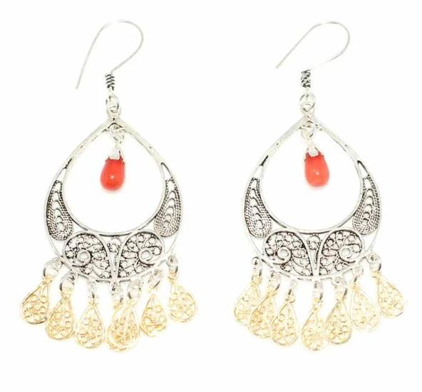 925 Ayar Gümüş Ay Modeli Mercan Taşlı Küpe - Resim 2