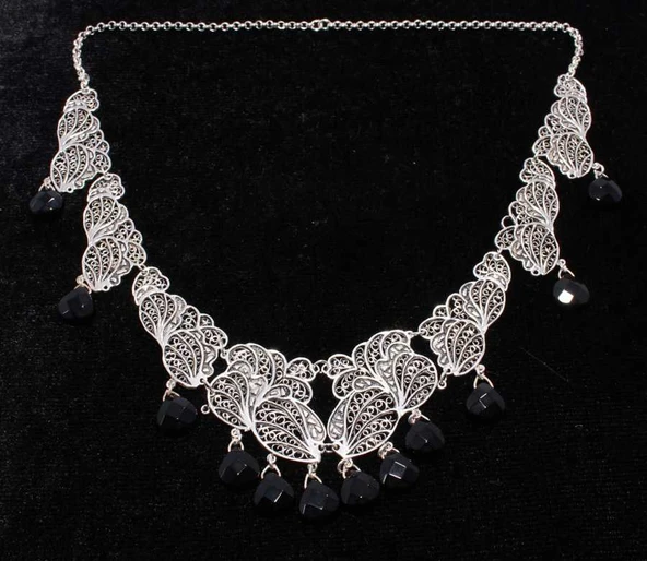 Oniks Taşlı 925 Ayar Gümüş Telkari Kolye - Resim 2