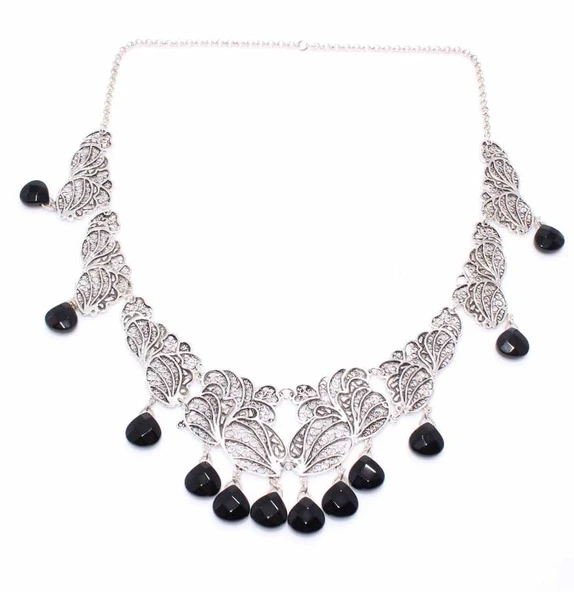 Oniks Taşlı 925 Ayar Gümüş Telkari Kolye ürün görseli 1