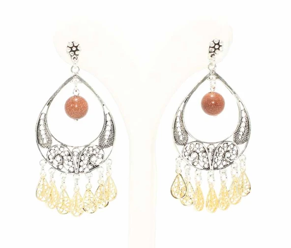 925 Ayar Gümüş Ay Modeli Kahverengi Star Taşlı Küpe ürün görseli