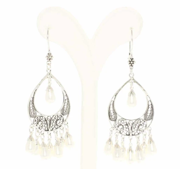 925 Ayar Gümüş Ay Modeli Beyaz İnci Taşlı Küpe - Resim 2