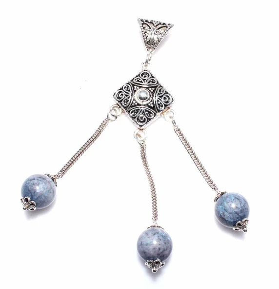 925 Ayar Gümüş Saçaklı Mavi Taşlı Telkari Kolye Ucu ürün görseli