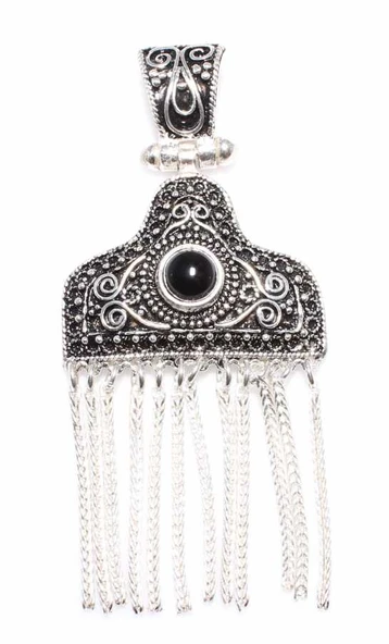 925 Ayar Gümüş Oniks Taşlı Püsküllü Telkari Kolye Ucu ürün görseli