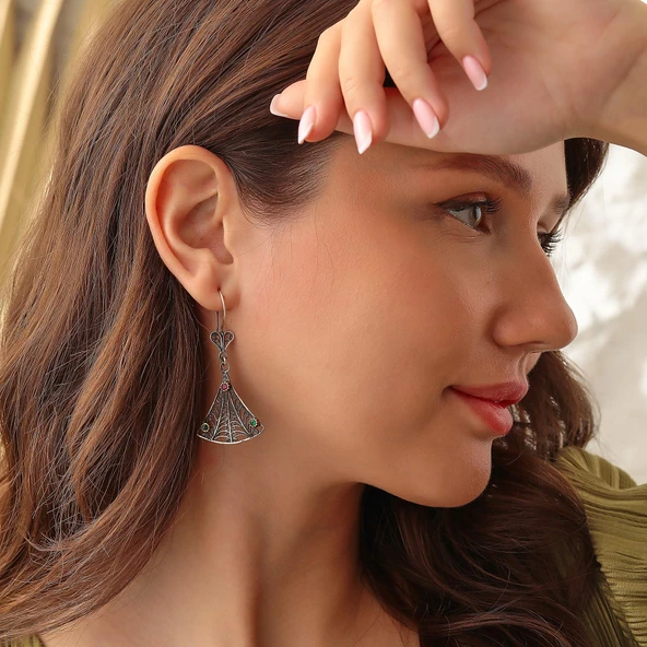 Yelpaze Modeli 925 Ayar Gümüş Taşlı Telkari Küpe - Resim 2