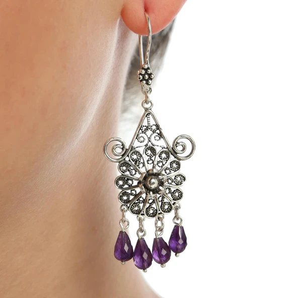 925 Ayar Gümüş Çiçek Modeli Ametist Taşlı Telkari Küpe ürün görseli 1