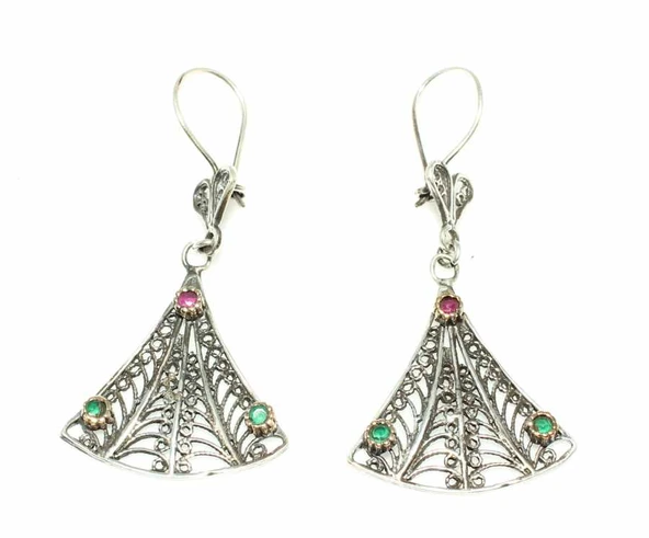 Yelpaze Modeli 925 Ayar Gümüş Taşlı Telkari Küpe - Resim 5