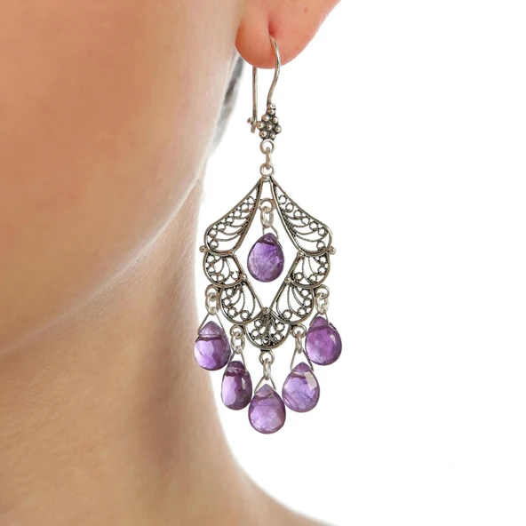 925 Ayar Gümüş Ametist Taşlı Telkari Küpe ürün görseli